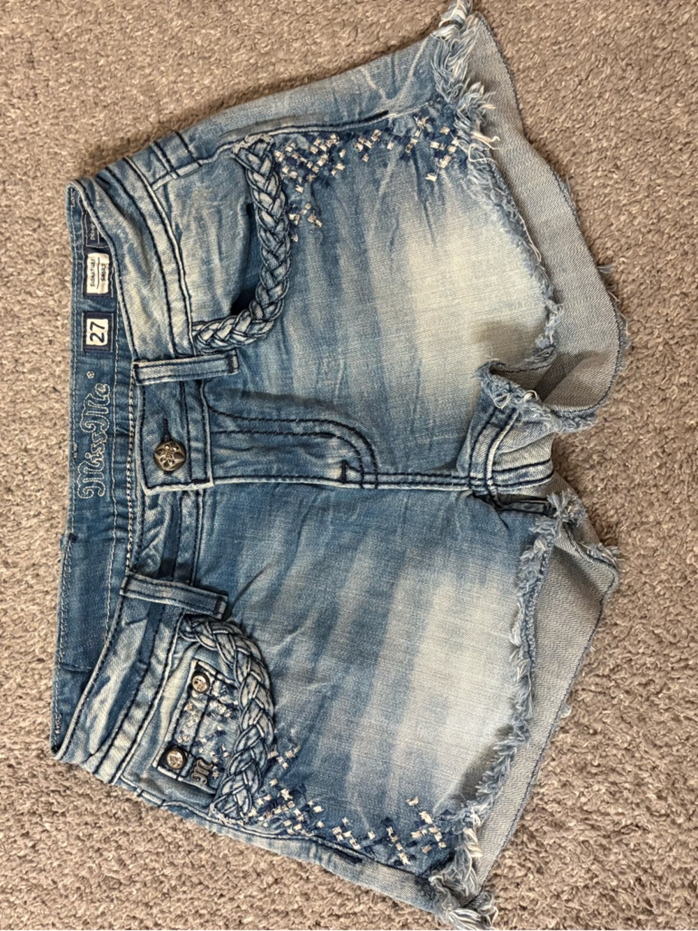 Miss Me Faded Light Blue Denim Shorts with Braided Trim